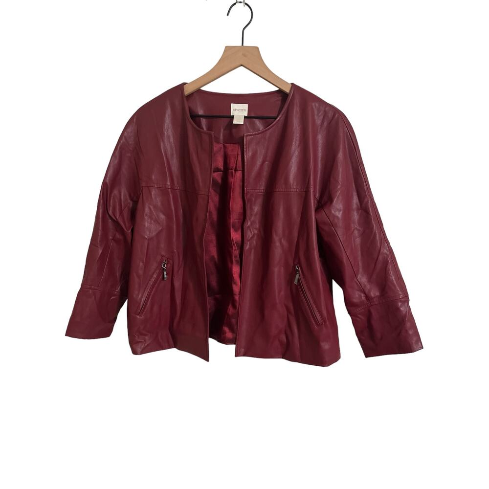 Chicos Womens Red Vegan Leather Open Jacket Size Medium Petite